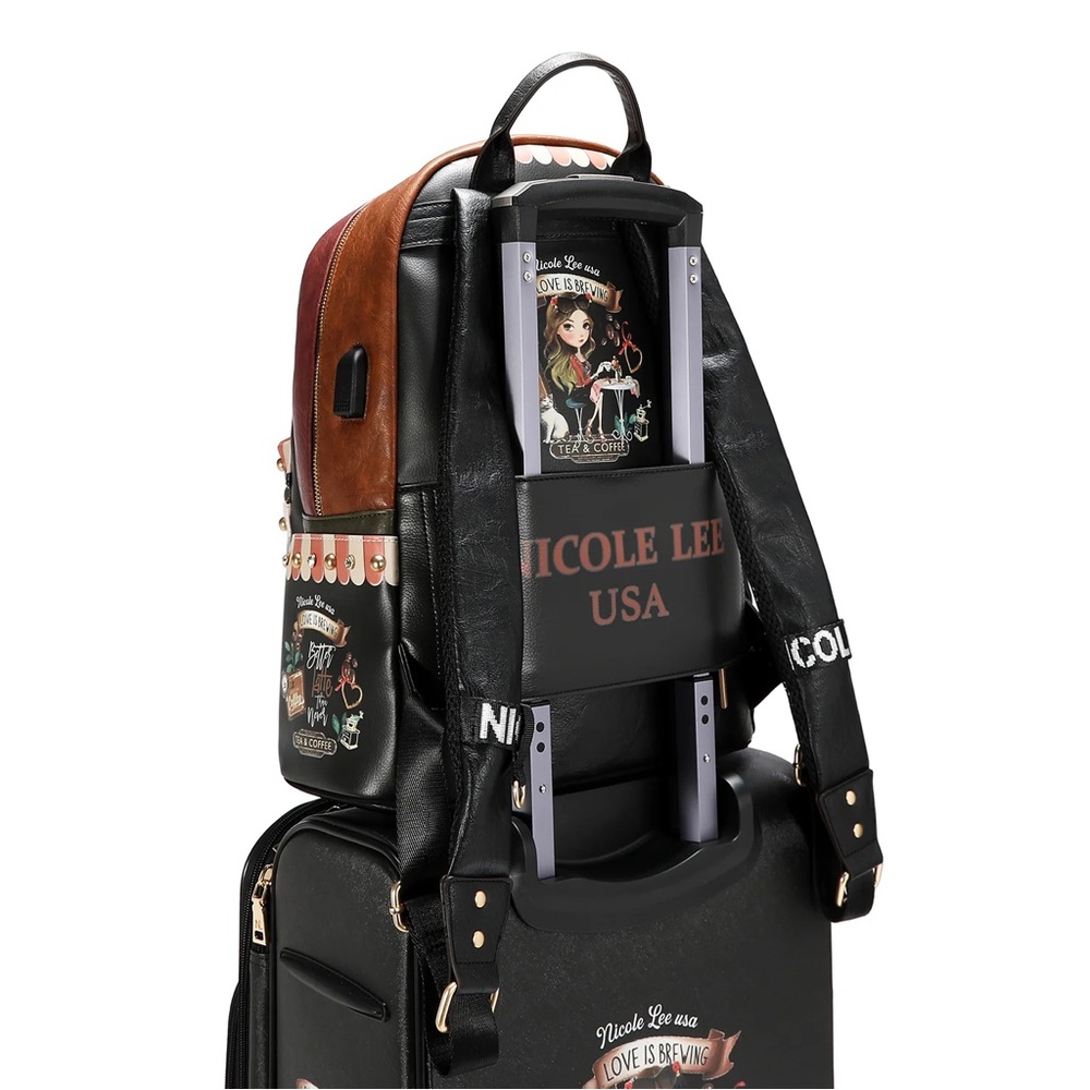 Nicole Lee Black & Brown Cafe Print Backpack - Picture 8 of 12